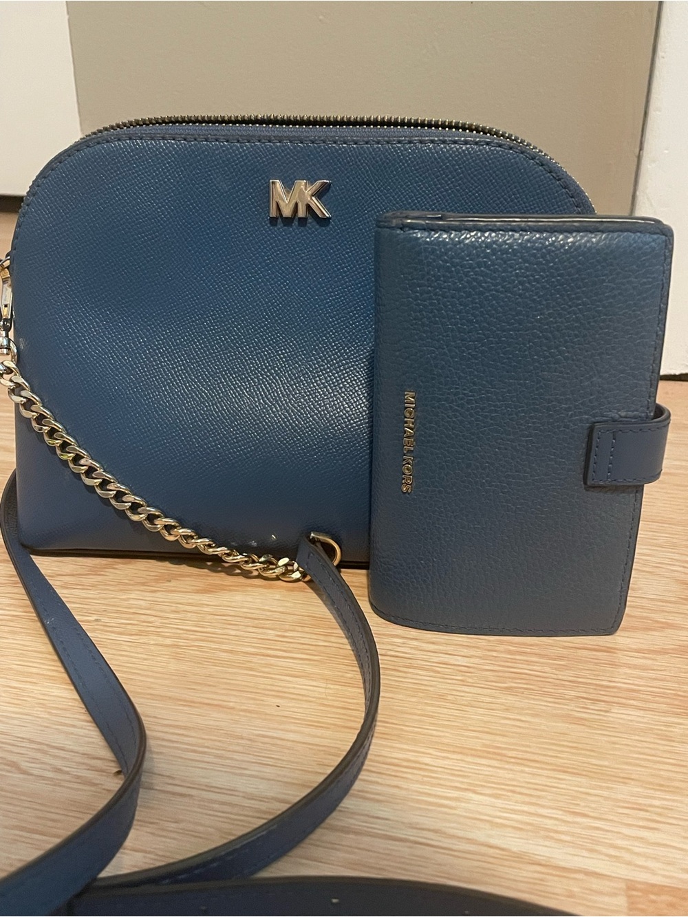 Michael Kors Blue Saffiano Leather Crossbody with Matching Wallet